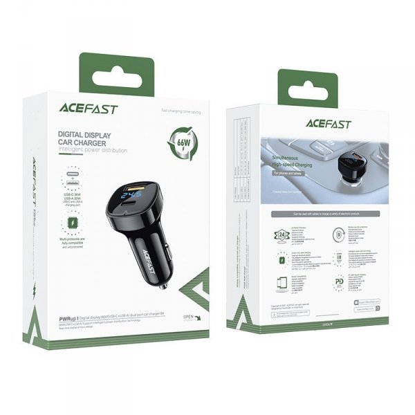 Acefast ładowarka samochodowa 66W USB Typ C / USB, PPS, Power Delivery, Quick Charge 4.0, AFC, FCP czarny (B4 black)