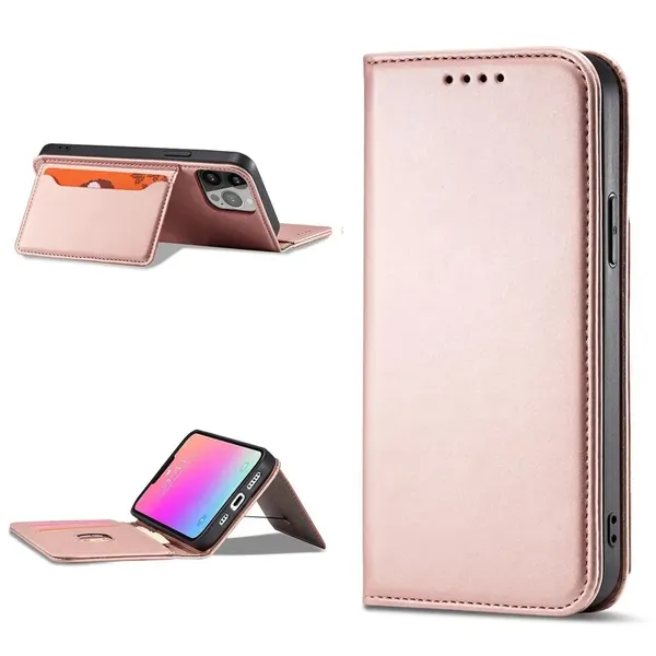 Magnet Card Case etui do iPhone 13 Pro Max pokrowiec portfel na karty kartę podstawka różowy