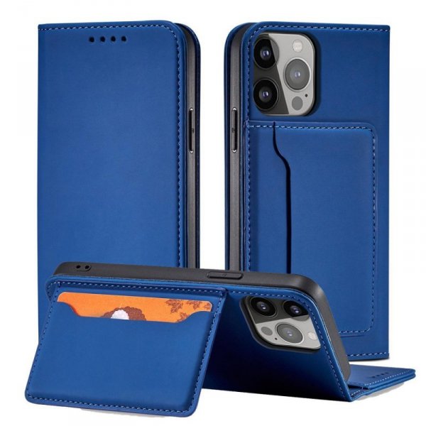 Magnet Card Case etui iPhone 14 Plus pokrowiec z klapką portfel podstawka niebieskie