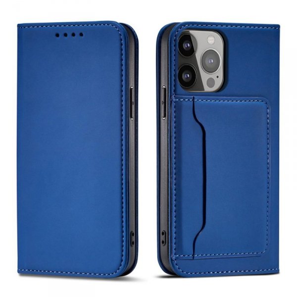 Magnet Card Case etui iPhone 14 Pro Max pokrowiec z klapką portfel podstawka niebieskie