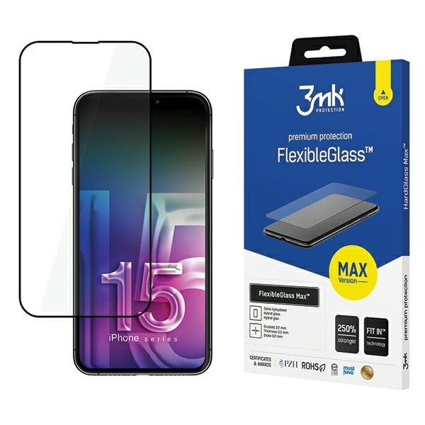 3MK FlexibleGlass Max iPhone 15 Plus 6.7&quot; czarny/black, Szkło hybrydowe z wzmocnionymi krawędziami