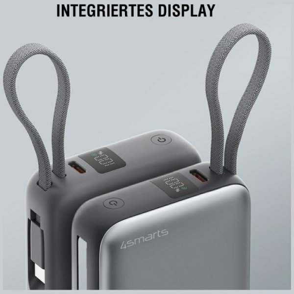 Powerbank 4smarts Pocket Dual Cord       10000mAh 22.5W z wbudowanym kablem USB-C 15cm szary