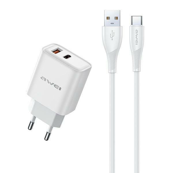 AWEI ład. siec. PD81T-EU 22.5W + kabelUSB + USB-C biała/white GaN