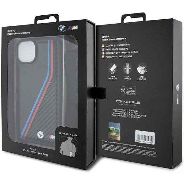 BMW BMHCP15M23PSVTK iPhone 15 Plus / 14 Plus 6.7&quot; czarny/black hardcase M Edition Carbon Tricolor Lines & Strap