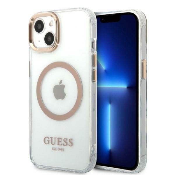Guess GUHMP13MHTRMD iPhone 13 / 14 / 15 6.1&quot; złoty/gold hard case Metal Outline Magsafe