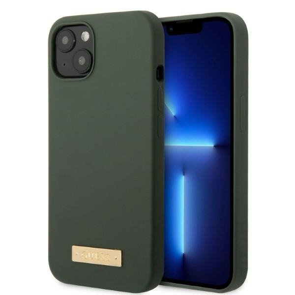 Guess GUHMP13MSBPLA iPhone 13 / 14 / 15 6.1&quot; zielony/khaki hard case Silicone Logo Plate MagSafe