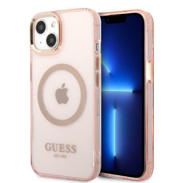 Guess GUHMP13MHTCMP iPhone 13 / 14 / 15 6.1&quot; różowy/pink hard case Gold Outline Translucent MagSafe