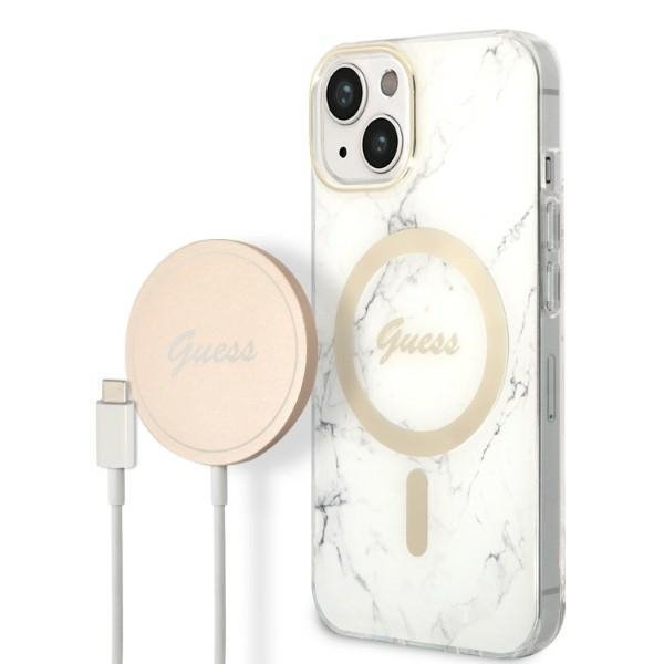 Zestaw Guess GUBPP14MHMEACSH Case+ Charger iPhone 14 Plus / 15 Plus 6.7&quot; biały/white hard case Marble MagSafe