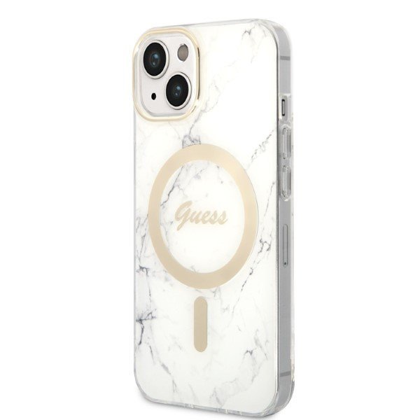 Zestaw Guess GUBPP14MHMEACSH Case+ Charger iPhone 14 Plus / 15 Plus 6.7&quot; biały/white hard case Marble MagSafe