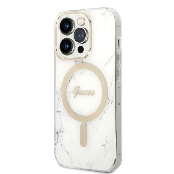 Zestaw Guess GUBPP14LHMEACSH Case+ Charger iPhone 14 Pro 6,1&quot; biały/white hard case Marble MagSafe
