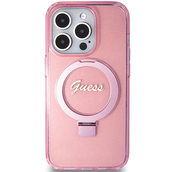 Guess GUHMP15LHRSGSP iPhone 15 Pro 6.1&quot; różowy/pink hardcase Ring Stand Script Glitter MagSafe