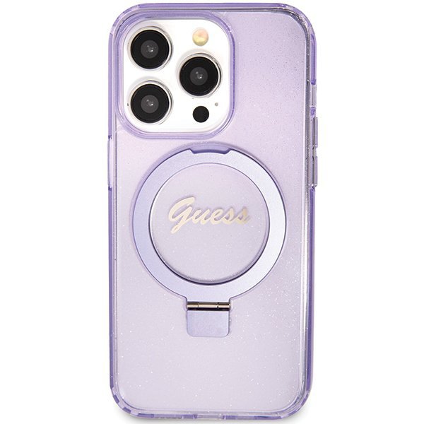 Guess GUHMP15LHRSGSU iPhone 15 Pro 6.1&quot; fioletowy/purple hardcase Ring Stand Script Glitter MagSafe
