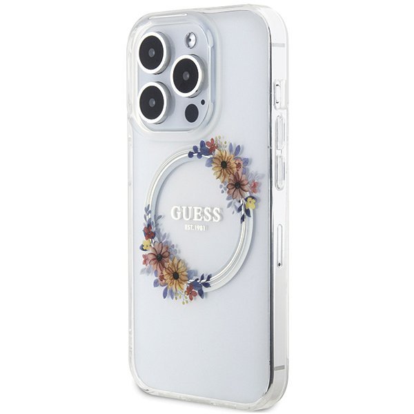 Guess GUHMP15XHFWFCT iPhone 15 Pro Max 6.7&quot; transparent hardcase IML Flowers Wreatch MagSafe