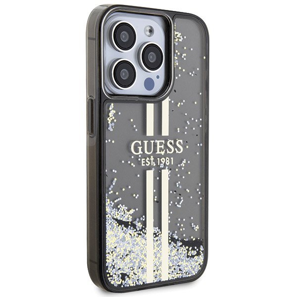 Guess GUHCP15LLFCSEGK iPhone 15 Pro 6.1&quot; czarny/black hardcase Liquid Glitter Gold Stripes