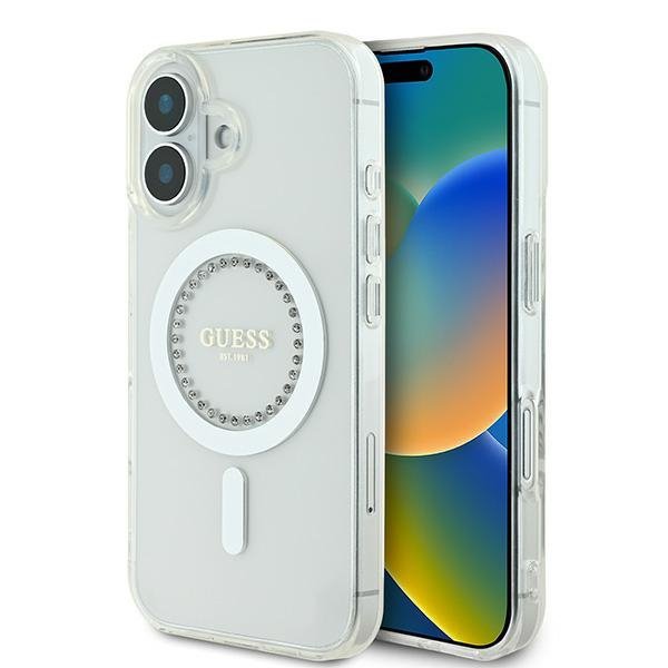 Guess GUHMP16SPFTDTEH iPhone 16 6.1" biały/white hardcase IML Rhinestones MagSafe