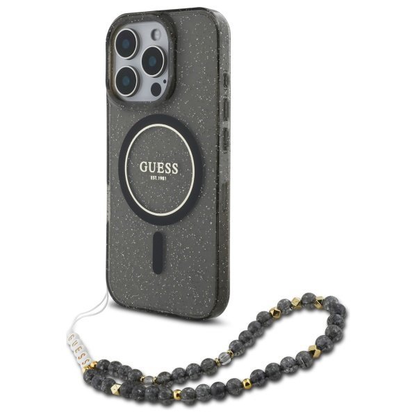 Guess GUHMP16LHGCRELSK iPhone 16 Pro6.3&quot; czarny/czarny hardcase IML Glitter With Pearl Strap MagSafe