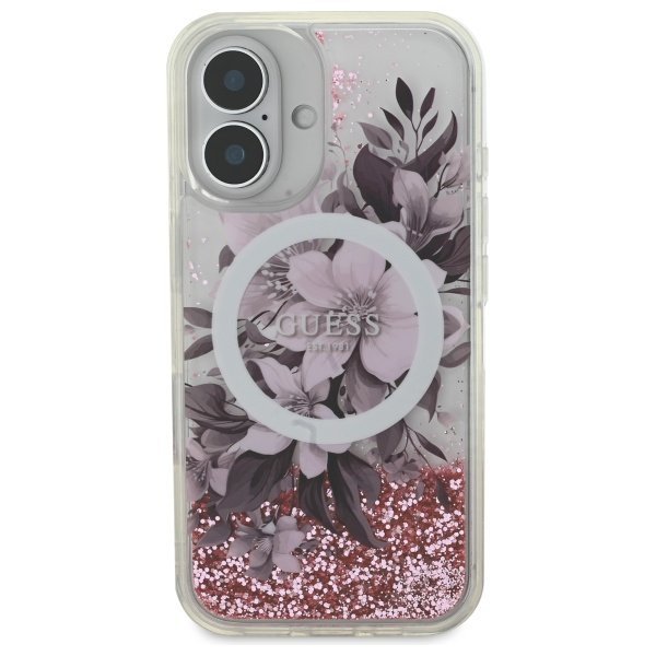 Guess GUHMP16SLFMWTP iPhone 166.1&quot; różowy/pink hardcase Liquid Glitter Flower MagSafe