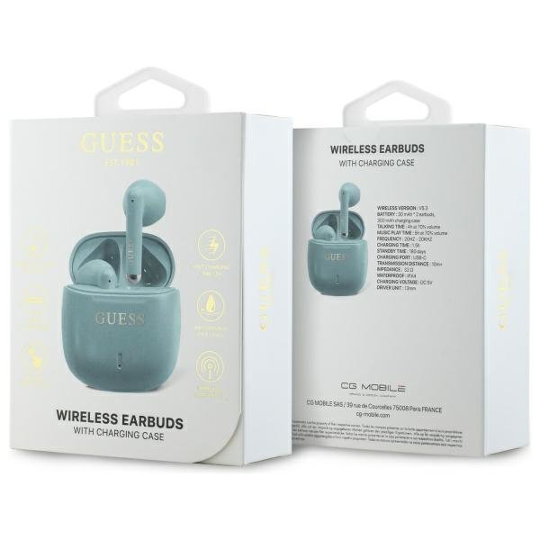 Guess słuchawki Bluetooth GUTWSJ14ESGQ   TWS + stacja dokująca turkusowy/turquoise Printed Classic Logo