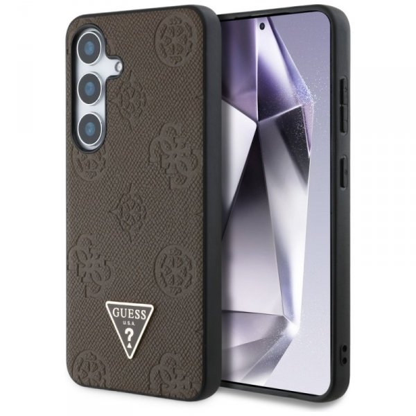 Etui Guess Grained Hot Stamp Peony       Pattern Triangle Logo MagSafe do Samsung Galaxy S25 brązowy