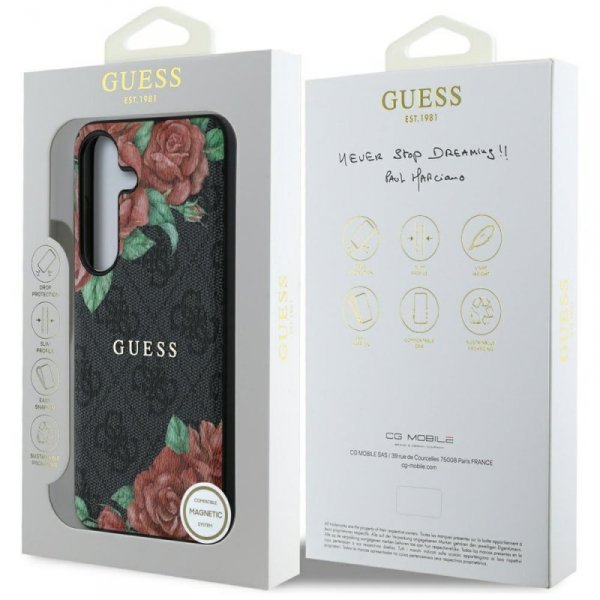 Etui Guess Leather 4G Flowers Print      Metal Classic Logo MagSafe Samsung Galaxy S25 czarny