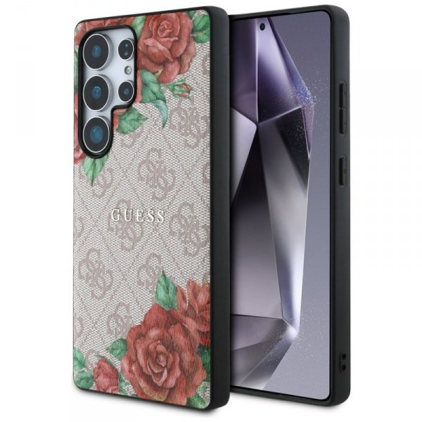 Etui Guess Leather 4G Flowers Print      Metal Classic Logo MagSafe Samsung Galaxy S25 Ultra różowy