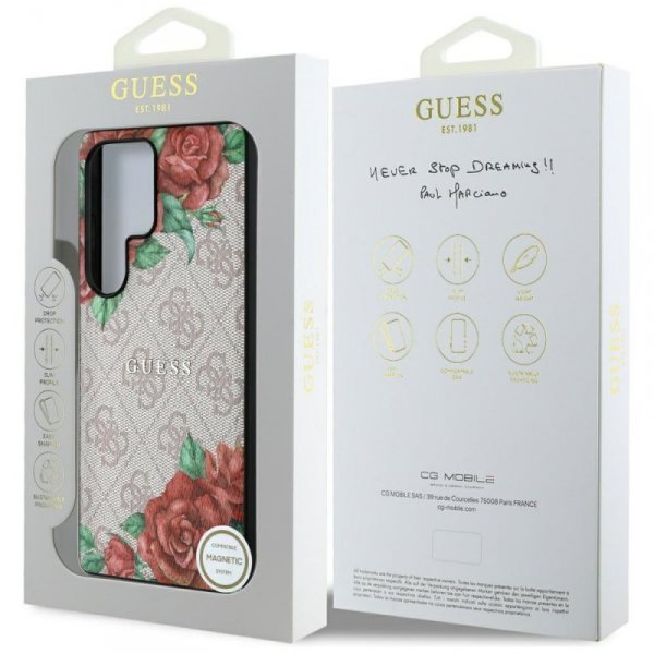 Etui Guess Leather 4G Flowers Print      Metal Classic Logo MagSafe Samsung Galaxy S25 Ultra różowy