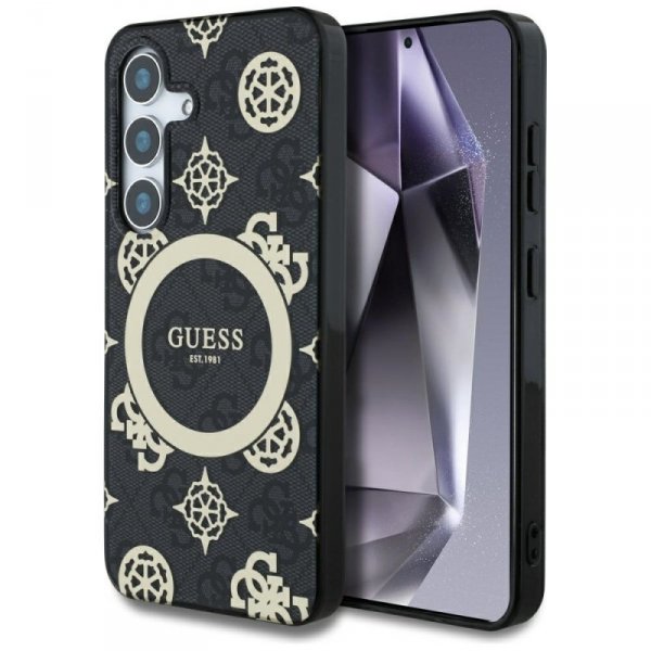 Etui Guess 4G Background Gold            Electroplated Peony Pattern MagSafe do Samsung Galaxy S25 czarny