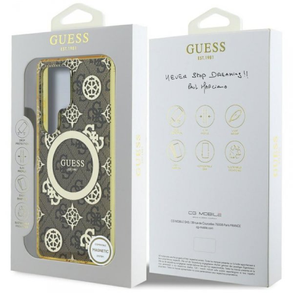 Etui Guess 4G Background Gold            Electroplated Peony Pattern MagSafe do Samsung Galaxy S25 Ultra brązowy