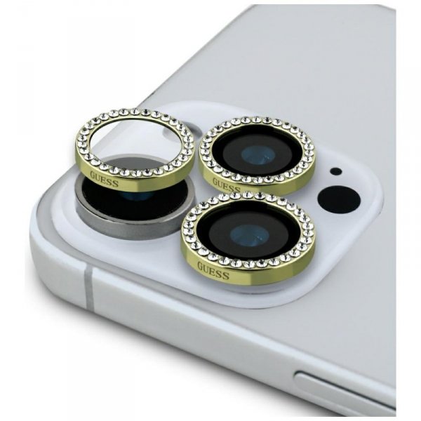 Szkło na obiektyw aparatu Guess          Rhinestone do iPhone 16 Pro / 16 Pro Max złoty