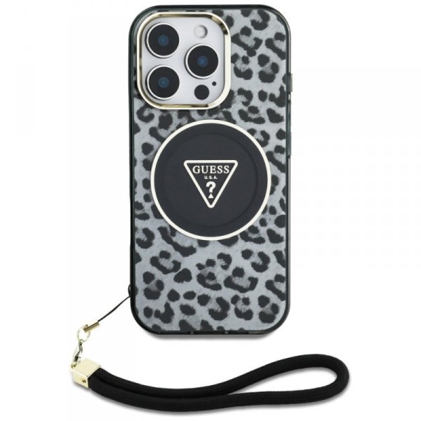 Etui Guess HC IML Leopard Triangle Cord  Strap do iPhone 16 Pro MagSafe czarny
