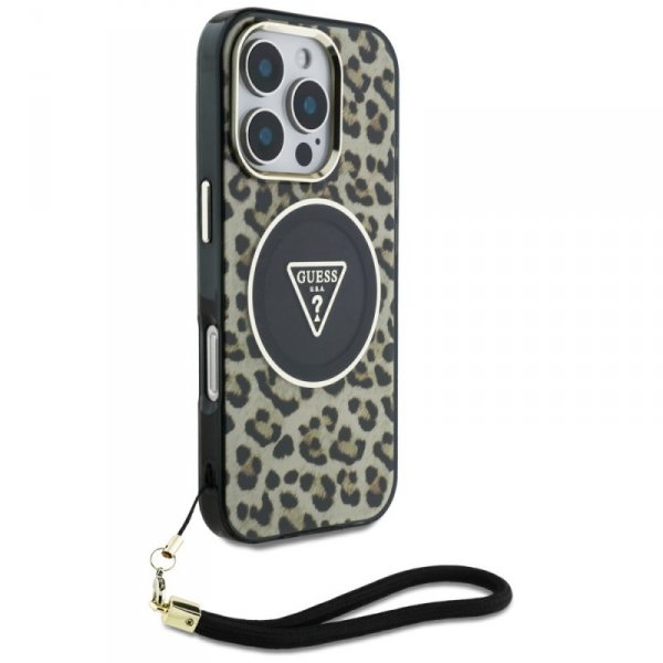 Etui Guess HC IML Leopard Triangle Cord  Strap do iPhone 16 Pro MagSafe brązowy