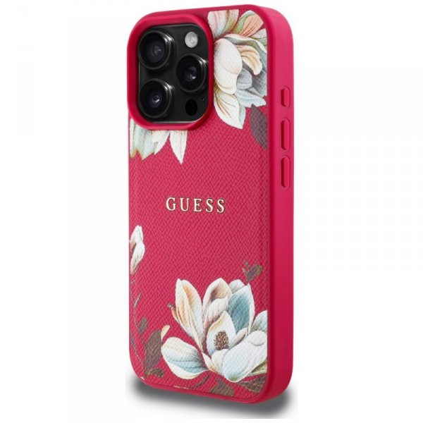 Etui Guess Grained Printed Flower        Pattern MagSafe do iPhone 16 Pro fuksja