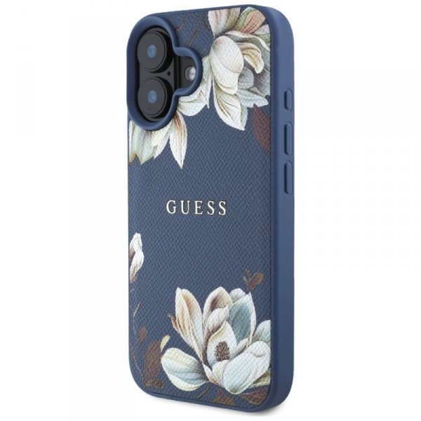 Etui Guess Grained Printed Flower        Pattern MagSafe do iPhone 16 niebieski