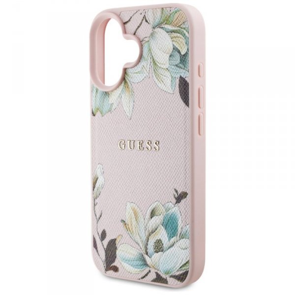 Etui Guess Grained Printed Flower        Pattern MagSafe do iPhone 16 różowy