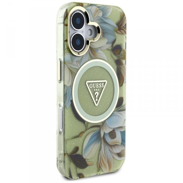 Etui Guess Glitter Flowers Triangle      Buttons MagSafe do iPhone 16 zielony
