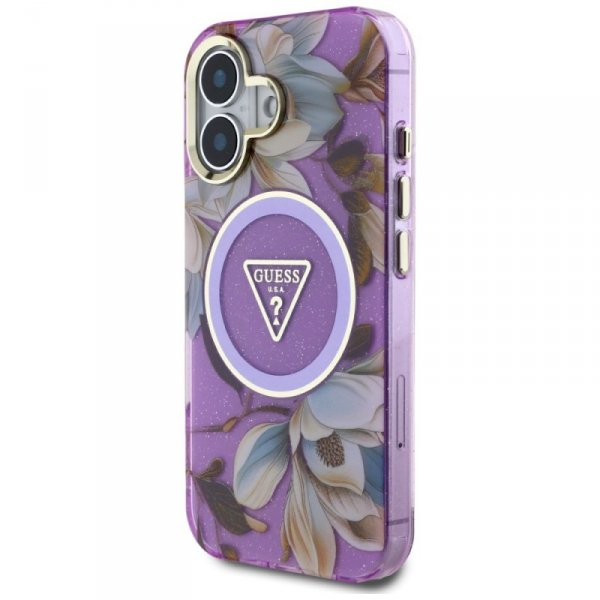 Etui Guess Glitter Flowers Triangle      Buttons MagSafe do iPhone 16 fioletowy