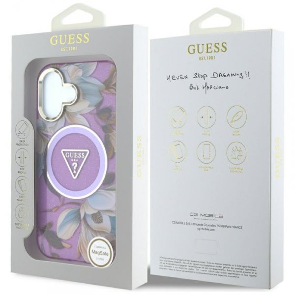 Etui Guess Glitter Flowers Triangle      Buttons MagSafe do iPhone 16 fioletowy