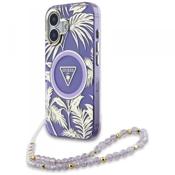 Etui Guess Palm Trees Triangle Pearl     Strap MagSafe do iPhone 16 fioletowy