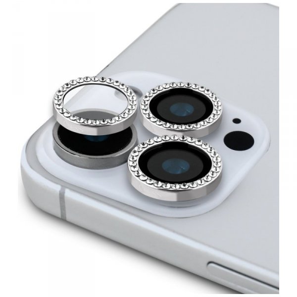 Zestaw 2w1 Guess BP Rhinestone szkło na  ekran i obiektyw aparatu do iPhone 16 Pro Max srebrny