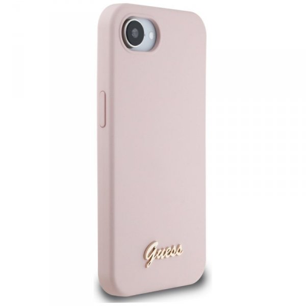 Etui Guess Silicone Script Metal Logo    MagSafe do iPhone 16e różowy