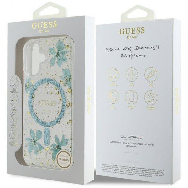 Etui Guess Resin Flowers Glitter MagSafe do iPhone 16 turkusowy