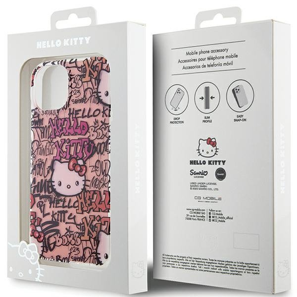 Hello Kitty HKHCP15SHDGPTP iPhone 15 / 14 / 13 6.1&quot; różowy/pink hardcase IML Tags Graffiti