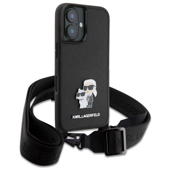 Karl Lagerfeld KLHCP16SSAKCPBK iPhone 16 6.1&quot; czarny/black hardcase Saffiano Karl&Choupette Metal Pin CBDY Strap