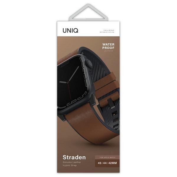 UNIQ pasek Straden Apple Watch Series 1/2/3/4/5/6/7/8/9/SE/SE2/Ultra/Ultra 2 42/44/45/49mm. Leather Hybrid Strap brązowy/brown
