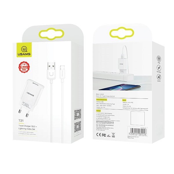 USAMS Ład. siec. 1xUSB T21 lightningbiały/white 2,1A Fast Charging T21OCLN01