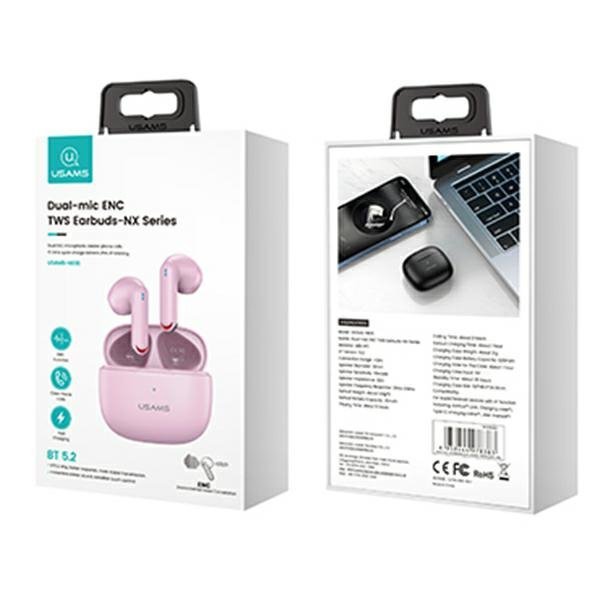 USAMS Słuchawki Bluetooth 5.2 TWS NX10 Series Dual mic bezprzewodowe różowy/pink BHUNX03