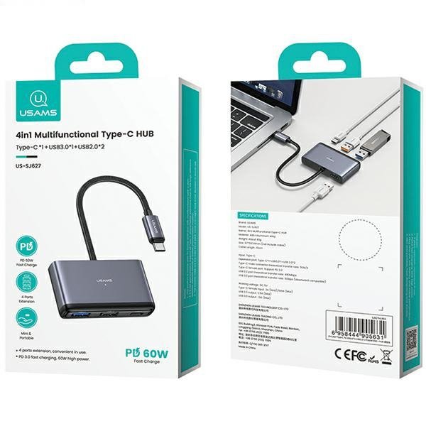 USAMS Adapter HUB 4w1 2xUSB 2.0/USB 3.0/ USB-C szary/dark grey SJ627HUB01 (US-SJ627)