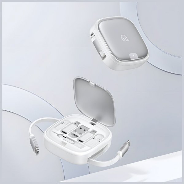 USAMS Kabel rozwijany 3w1 z pudełkiemMicroUSB/USB-C/Lightning 60W srebrny/silver SJ650USB02 (US-SJ650)
