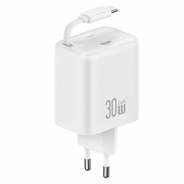 USAMS Ład. siec. 1xUSB-C ze zwijanymkablem USB-C Retractable PD+QC 30W Gan Fast Charging biały/white YC Series CC241TC02 (US-CC2