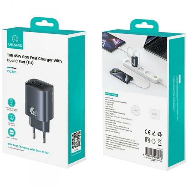 Ładowarka sieciowa USAMS CC305 T66 45W   GaN 2xUSB-C tarnish